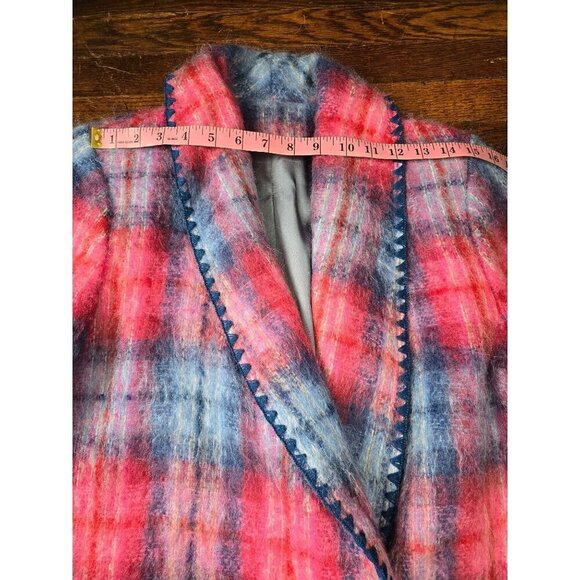 Vintage 1970s Red Blue Plaid Angora Wool Double Breasted Coat - Picture 5 of 16